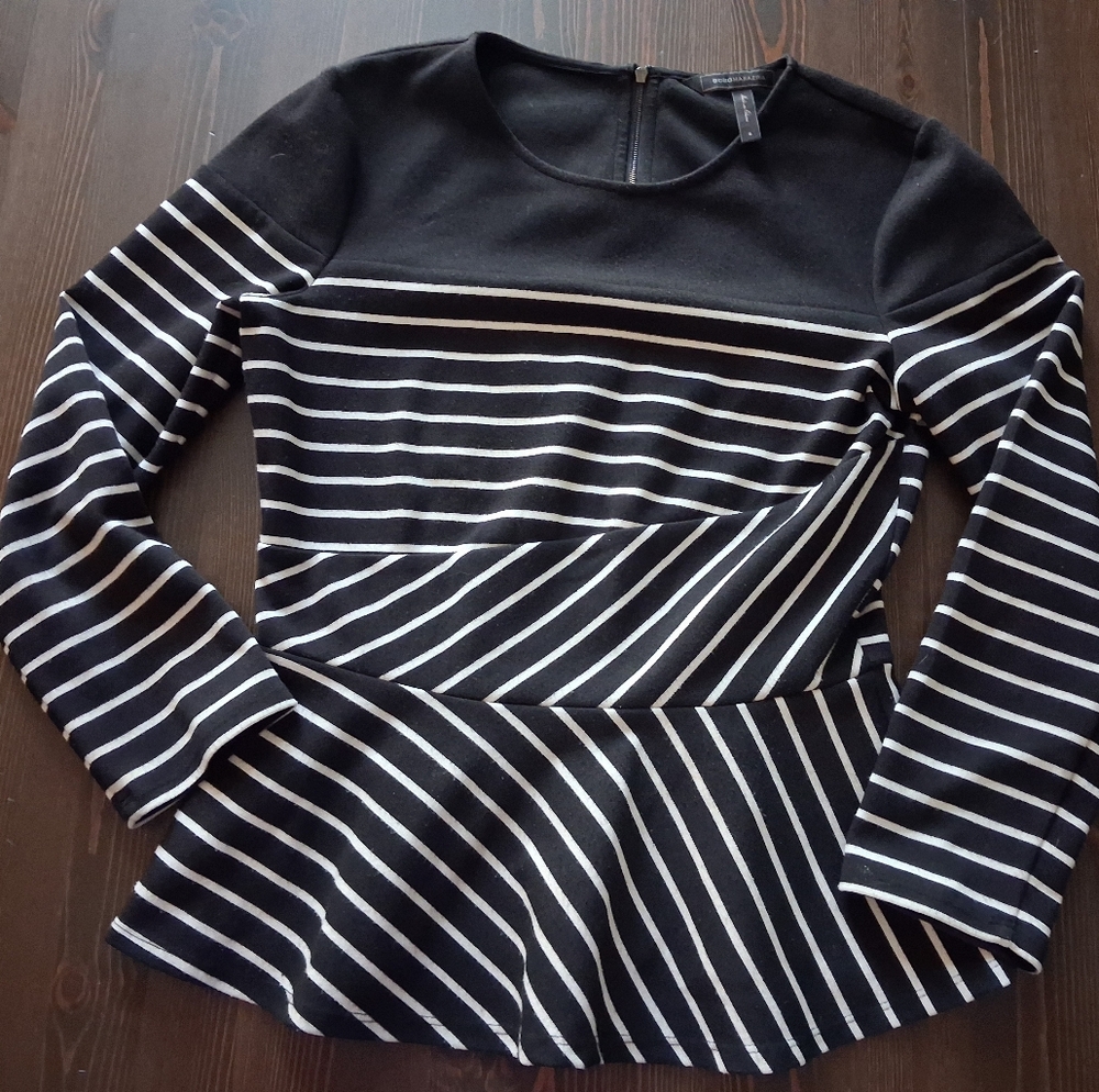 BCBGMaxAzria Black & White Striped Peplum Long-Sleeve Top